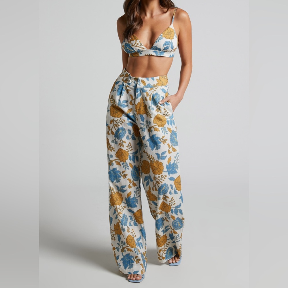 Showpo Floral Wide Leg Pants - Blue and Yellow
